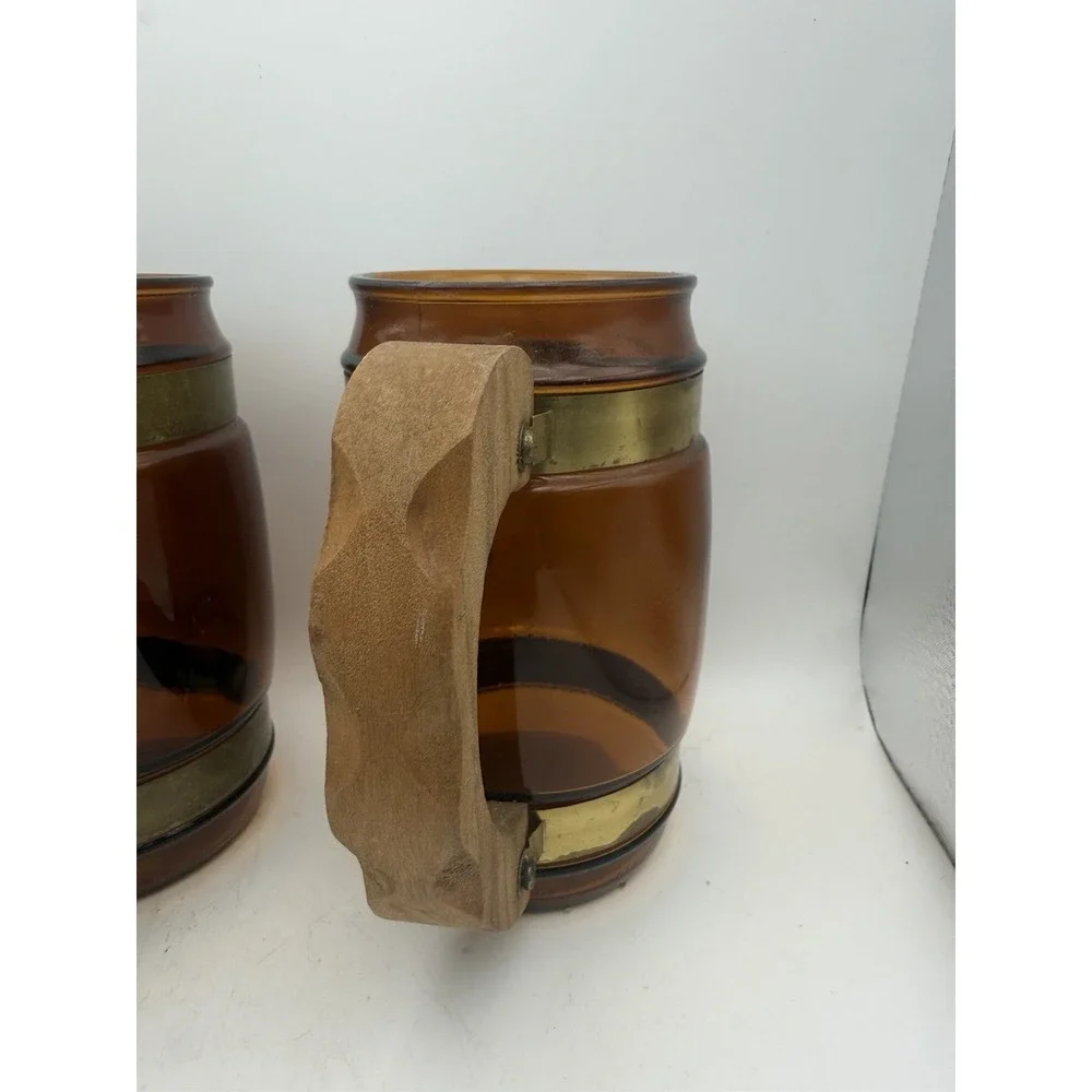 Vintage Siesta Ware Amber Glass Mugs Set 3 Wood Handles Brass Bands Etched